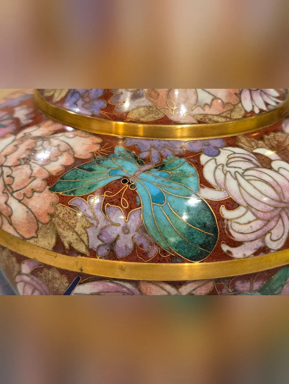 Ornate Pink and Blue Butterfly Cloisonné Vase